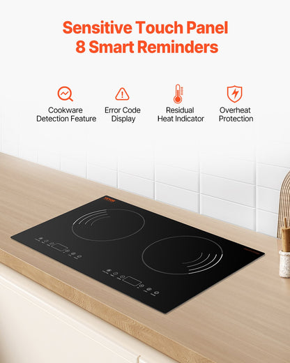 Induction Cooktop, 1800W Electric Countertop Burner, 2 Burner Touch Control Stove, Built-in Induction Cooktop with 9 Power Settings, Child Safety Lock, Timer, Glass Surface