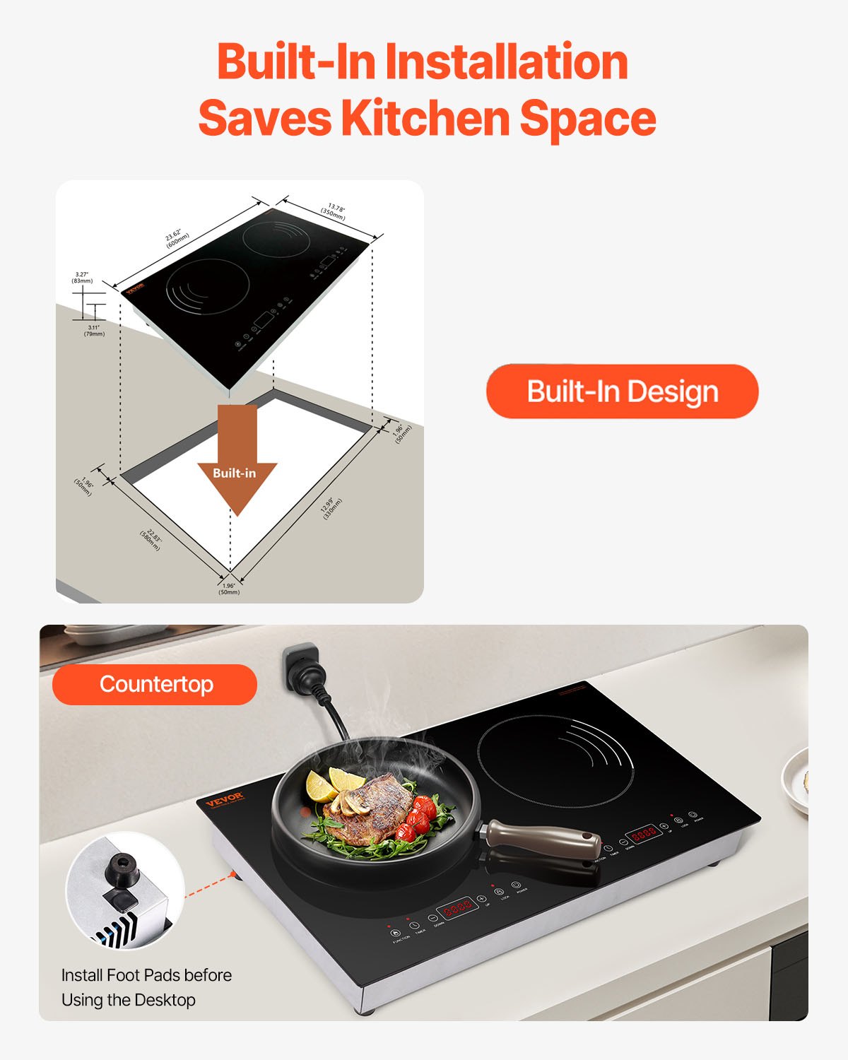 Induction Cooktop, 1800W Electric Countertop Burner, 2 Burner Touch Control Stove, Built-in Induction Cooktop with 9 Power Settings, Child Safety Lock, Timer, Glass Surface