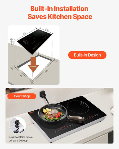 Induction Cooktop, 1800W Electric Countertop Burner, 2 Burner Touch Control Stove, Built-in Induction Cooktop with 9 Power Settings, Child Safety Lock, Timer, Glass Surface