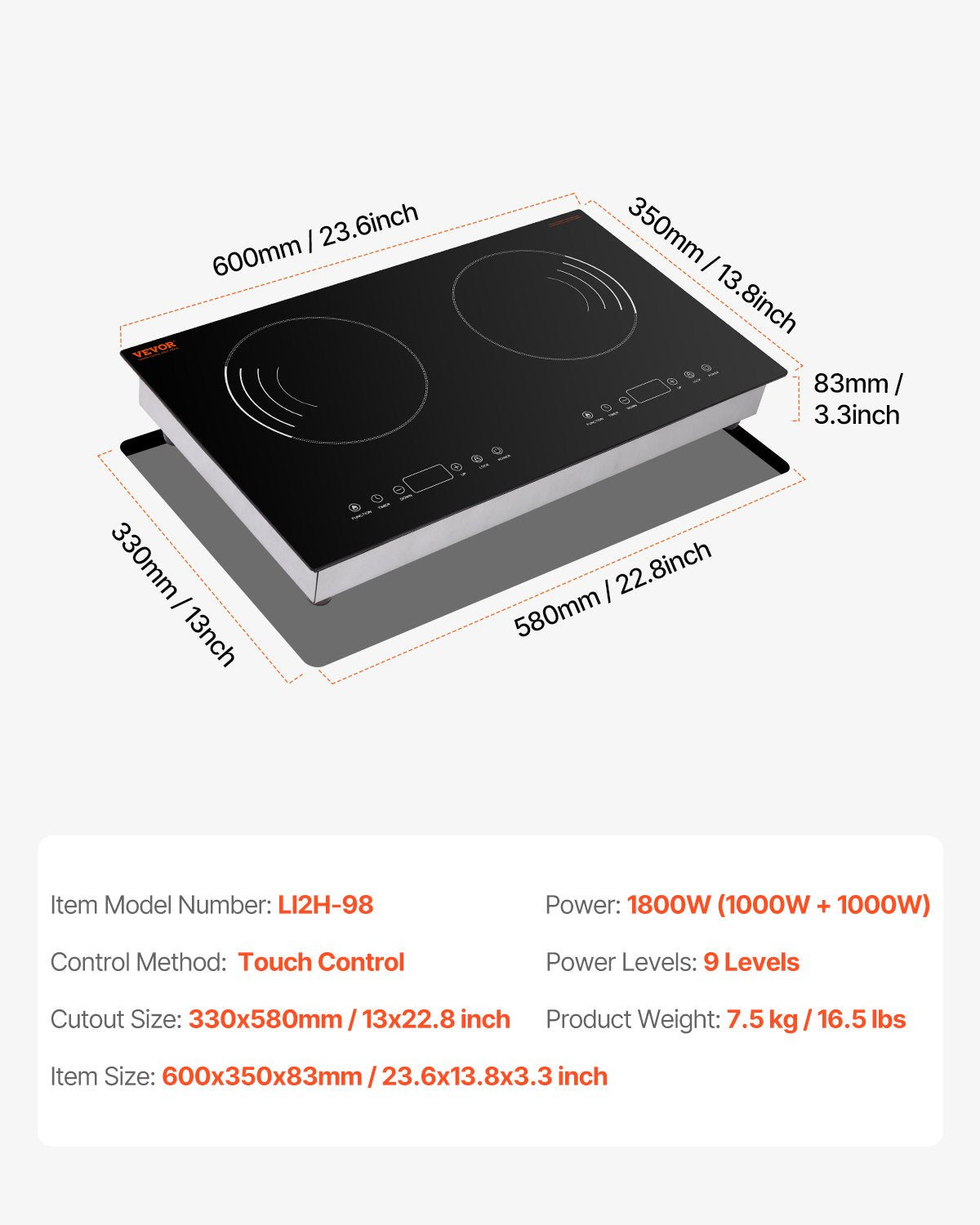 Induction Cooktop, 1800W Electric Countertop Burner, 2 Burner Touch Control Stove, Built-in Induction Cooktop with 9 Power Settings, Child Safety Lock, Timer, Glass Surface