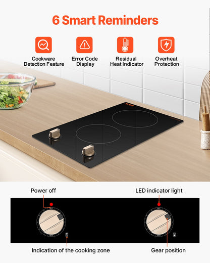 Induction Cooktop, 1800W Electric Countertop Burner, 2 Burner Knob Control Stove, Built-in Induction Cooktop with 12 Temperature Settings, Glass Surface, Auto Shut-Off