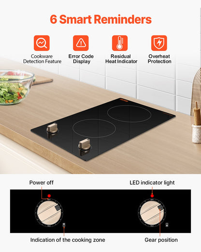 Induction Cooktop, 3500W Electric Countertop Burner, 2 Burner Knob Control Stove, Built-in Induction Cooktop with 12 Temperature Settings, Glass Surface, Auto Shut-Off