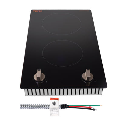 Induction Cooktop, 3500W Electric Countertop Burner, 2 Burner Knob Control Stove, Built-in Induction Cooktop with 12 Temperature Settings, Glass Surface, Auto Shut-Off