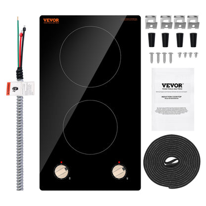 Induction Cooktop, 3500W Electric Countertop Burner, 2 Burner Knob Control Stove, Built-in Induction Cooktop with 12 Temperature Settings, Glass Surface, Auto Shut-Off