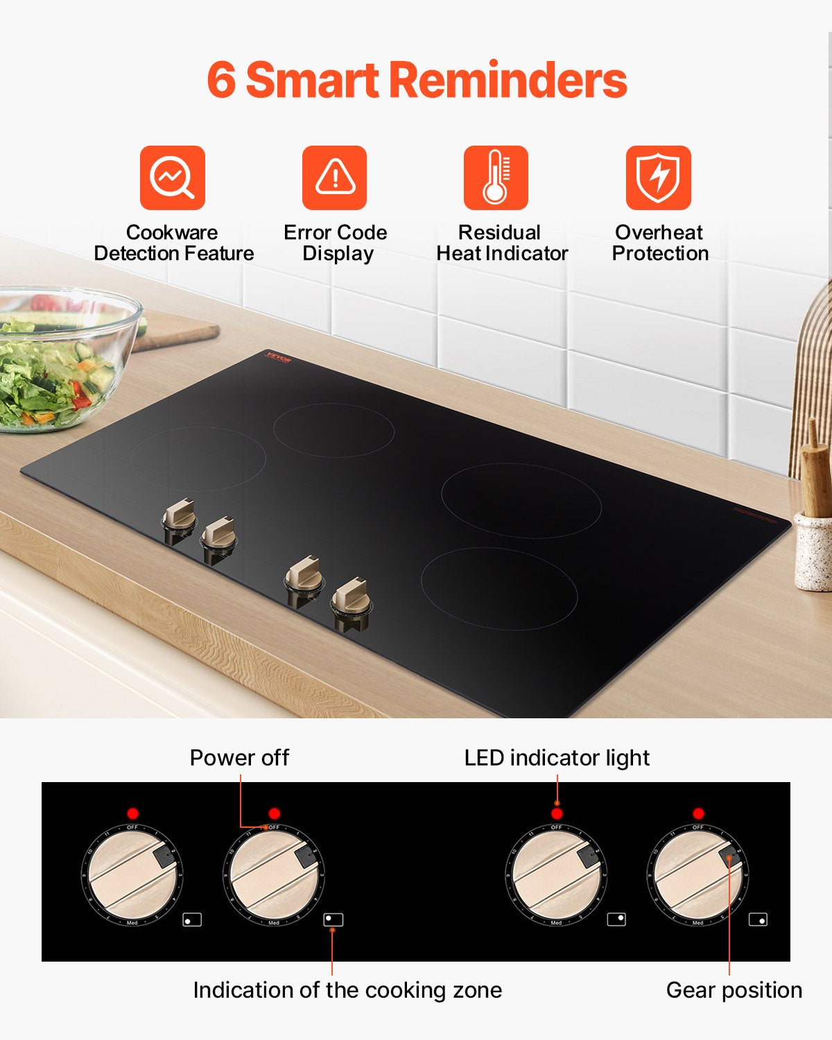 Induction Cooktop, 6600W Electric Countertop Burner, 4 Burner Knob Control Stove, Built-in Induction Cooktop with 12 Temperature Settings, Glass Surface, Auto Shut-Off
