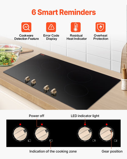 Induction Cooktop, 6600W Electric Countertop Burner, 4 Burner Knob Control Stove, Built-in Induction Cooktop with 12 Temperature Settings, Glass Surface, Auto Shut-Off