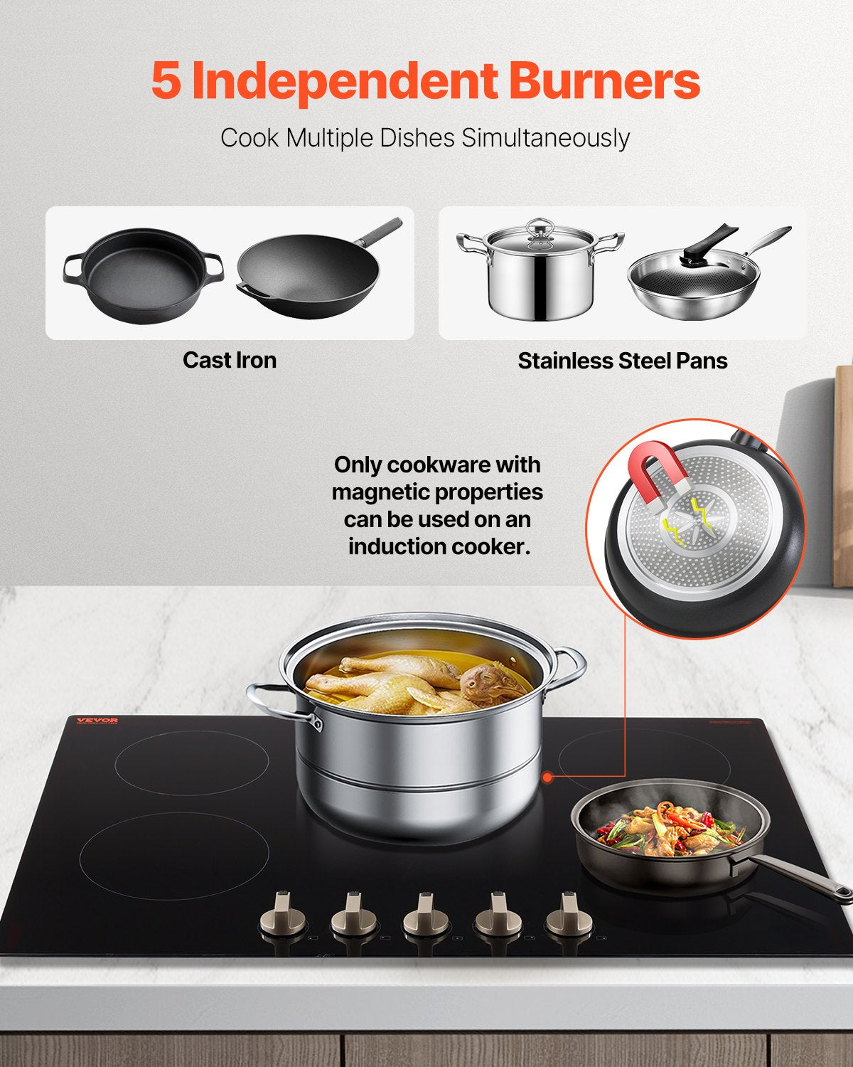 Induction Cooktop, 9200W Electric Countertop Burner, 5 Burner Knob Control Stove, Built-in Induction Cooktop with 12 Temperature Settings, Glass Surface, Auto Shut-Off