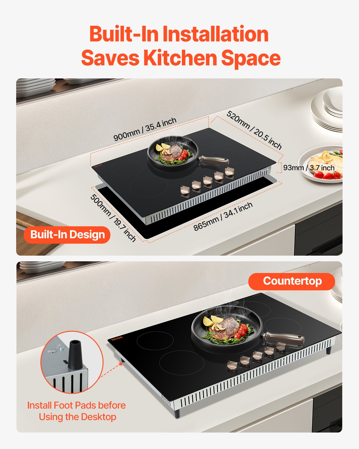 Induction Cooktop, 9200W Electric Countertop Burner, 5 Burner Knob Control Stove, Built-in Induction Cooktop with 12 Temperature Settings, Glass Surface, Auto Shut-Off