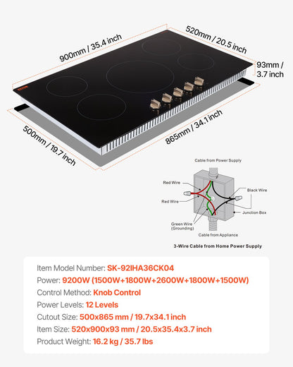 Induction Cooktop, 9200W Electric Countertop Burner, 5 Burner Knob Control Stove, Built-in Induction Cooktop with 12 Temperature Settings, Glass Surface, Auto Shut-Off