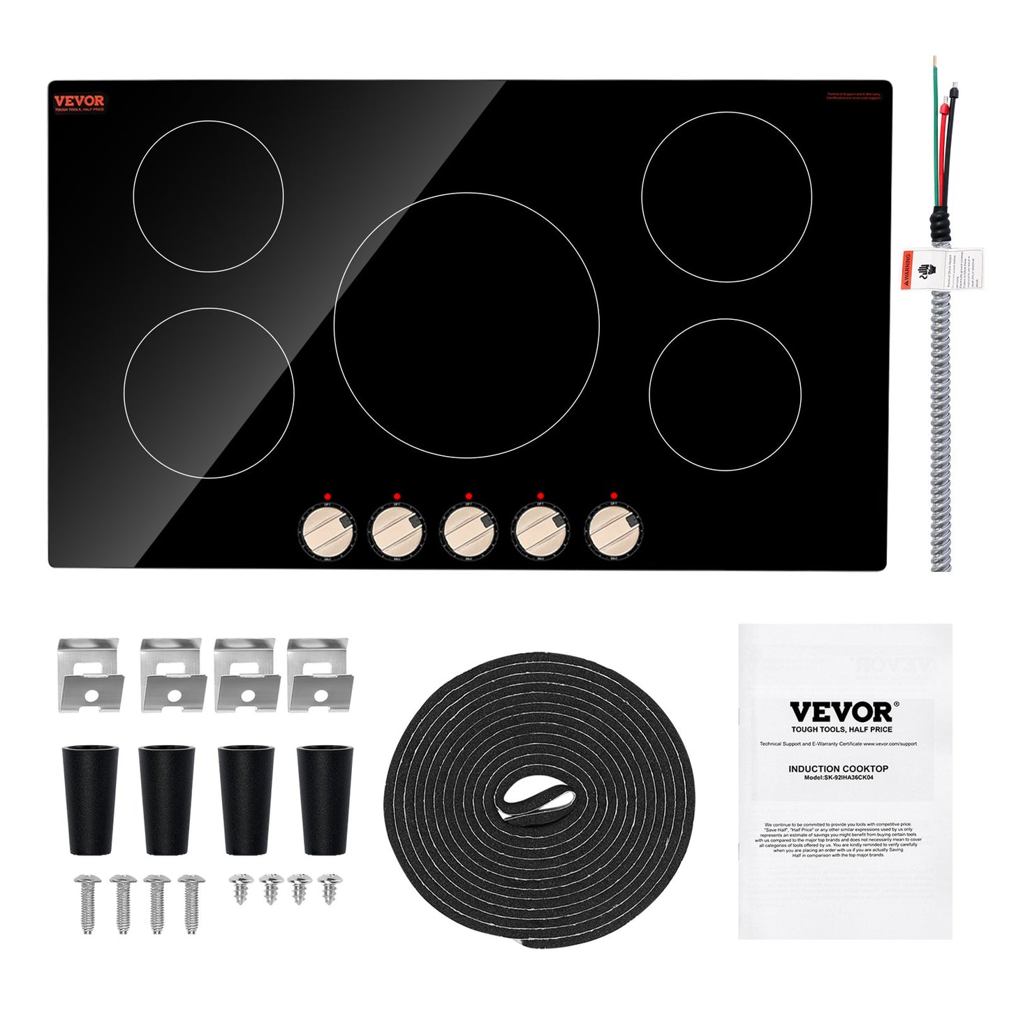 Induction Cooktop, 9200W Electric Countertop Burner, 5 Burner Knob Control Stove, Built-in Induction Cooktop with 12 Temperature Settings, Glass Surface, Auto Shut-Off