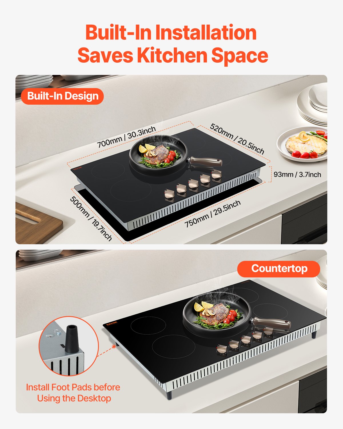 Induction Cooktop, 9200W Electric Countertop Burner, 5 Burner Knob Control Stove, Built-in Induction Cooktop with 12 Temperature Settings, Glass Surface, Auto Shut-Off