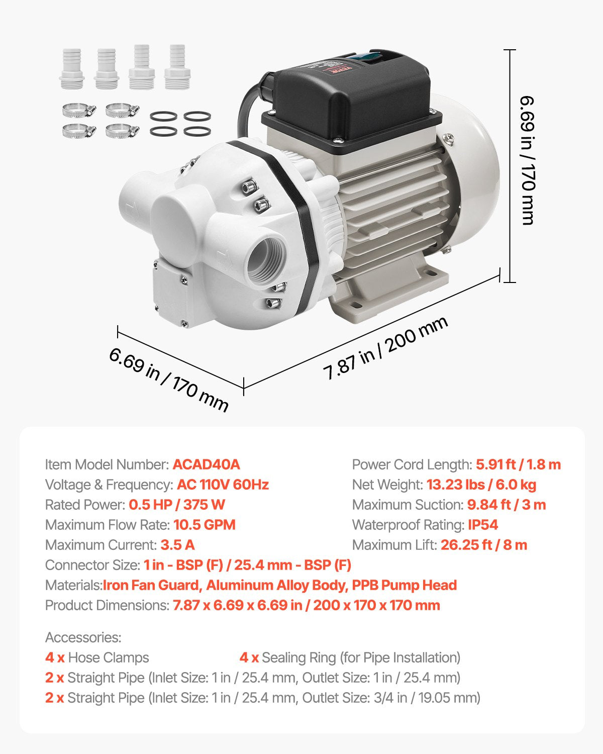 DEF Transfer Pump, 10.5 GPM, Diaphragm Irrigation Self Priming Electric Water Pump for Diesel Exhaust Fluid Automotive Urea Oil, 110V, 375W, 26.25 ft Lift, for Liquid Transportation Refueling