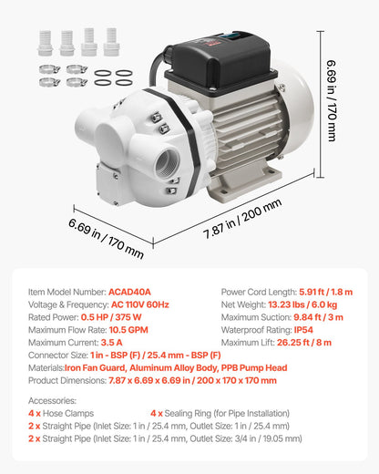 DEF Transfer Pump, 10.5 GPM, Diaphragm Irrigation Self Priming Electric Water Pump for Diesel Exhaust Fluid Automotive Urea Oil, 110V, 375W, 26.25 ft Lift, for Liquid Transportation Refueling