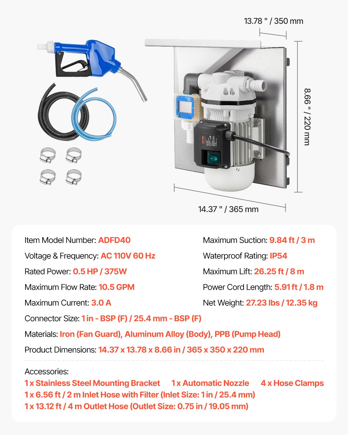 110V DEF Transfer Pump Kit, 10.5 GPM, Diaphragm Self Priming Electric Water Pump for Diesel Exhaust Fluid Urea, with Mounting Bracket Flow Meter Automatic Nozzle Hose, for Liquid Transportation