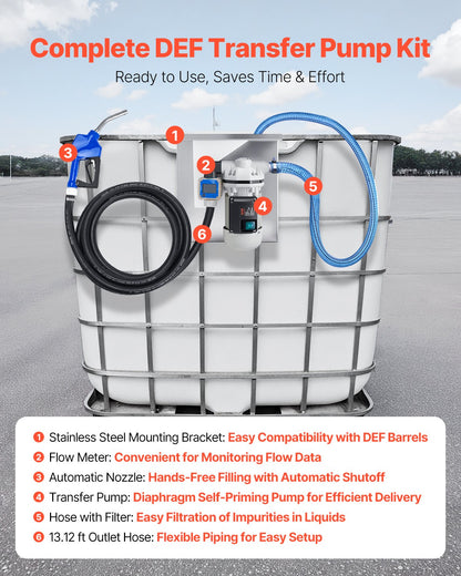 110V DEF Transfer Pump Kit, 8 GPM, Diaphragm Self Priming Electric Water Pump for Diesel Exhaust Fluid Urea, with Mounting Bracket Flow Meter Automatic Nozzle Hose, for Liquid Transportation