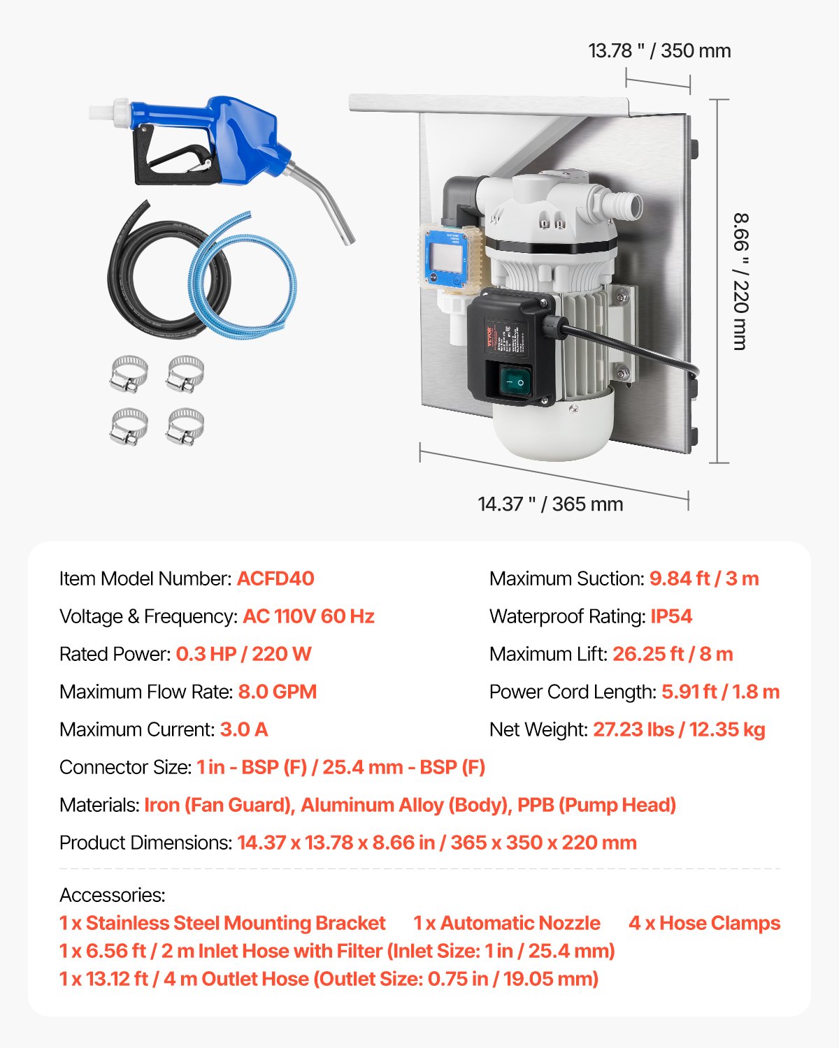 110V DEF Transfer Pump Kit, 8 GPM, Diaphragm Self Priming Electric Water Pump for Diesel Exhaust Fluid Urea, with Mounting Bracket Flow Meter Automatic Nozzle Hose, for Liquid Transportation