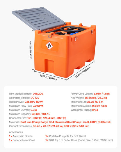 12V DEF Transfer Pump Kit, 7 GPM, Diaphragm Irrigation Self Priming Electric Water Pump, with 48 Gallon Tank, Automatic Nozzle, 9.84 ft Hose, 26.25 ft Lift, for Diesel Exhaust Fluid Urea Liquid