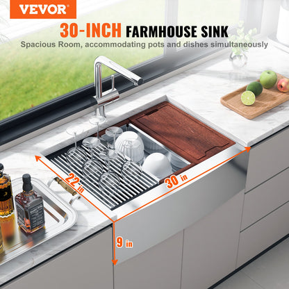 Farmhouse Sink, 304 Stainless Steel Undermount Sinks, Top Mount Single Bowl Sink with Ledge and Accessories, Household Sinks for Workstation, Prep Kitchen and Bar Counter, 30 Inch