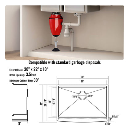 Farmhouse Sink, 304 Stainless Steel Undermount Sinks, Top Mount Single Bowl Sink with Ledge and Accessories, Household Sinks for Workstation, Prep Kitchen and Bar Counter, 30 Inch