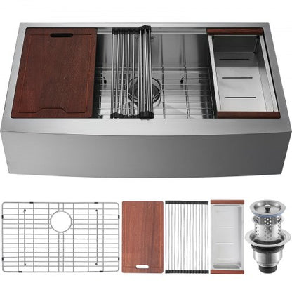 Farmhouse Kitchen Sink, 304 Stainless Steel Drop-In Sinks, Top Mount Single Bowl Basin with Ledge & Accessories, Household Dishwasher Sinks for Workstation, Prep Kitchen, and Bar Sink, 33 inch