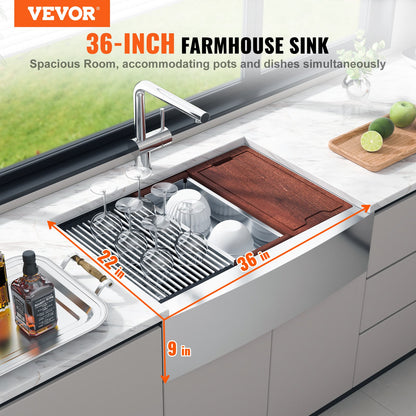 Farmhouse Sink, 304 Stainless Steel Undermount Sinks, Top Mount Single Bowl Sink with Ledge and Accessories, Household Sinks for Workstation, Prep Kitchen and Bar Counter, 36 Inch