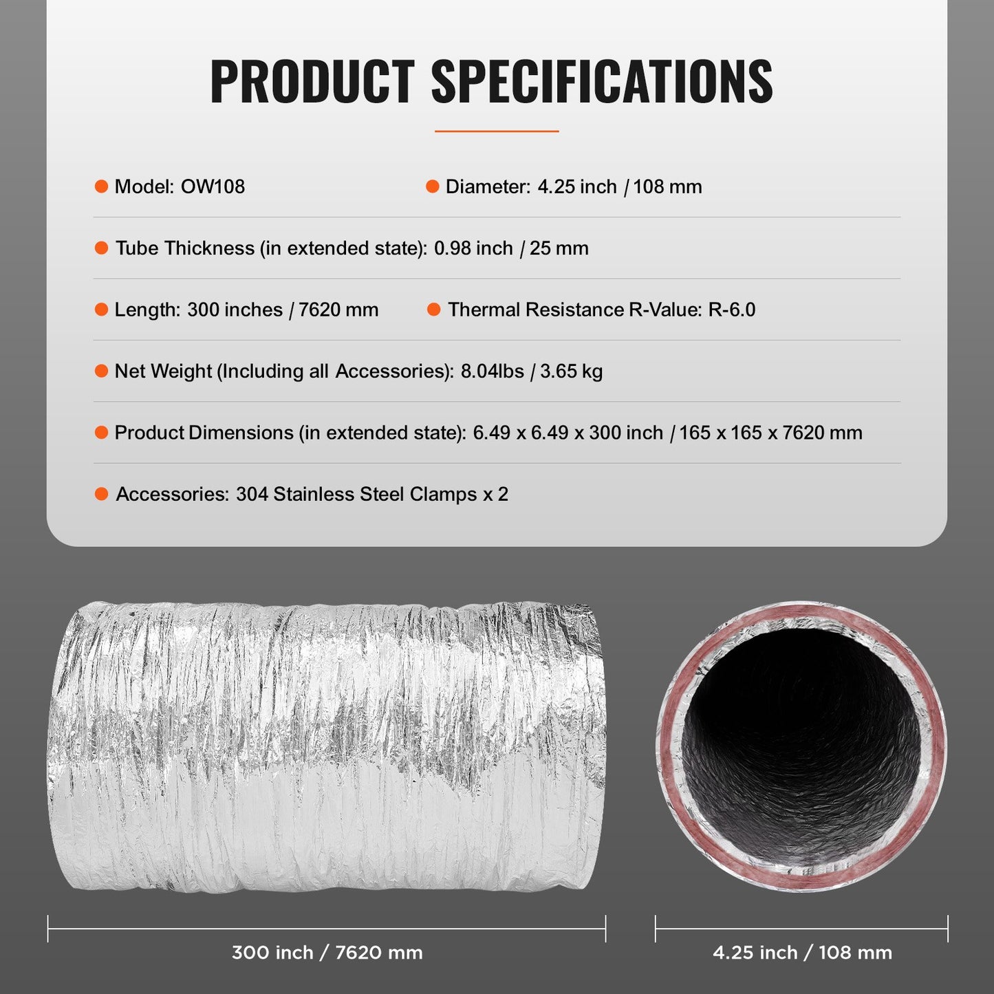Dryer Vent Hose, 4'' Insulated Flexible Duct 25FT Long with 2 Duct Clamps, Heavy-Duty Three Layer Protection for HVAC Heating Cooling Ventilation and Exhaust, R-6.0 Flame Resistance Value