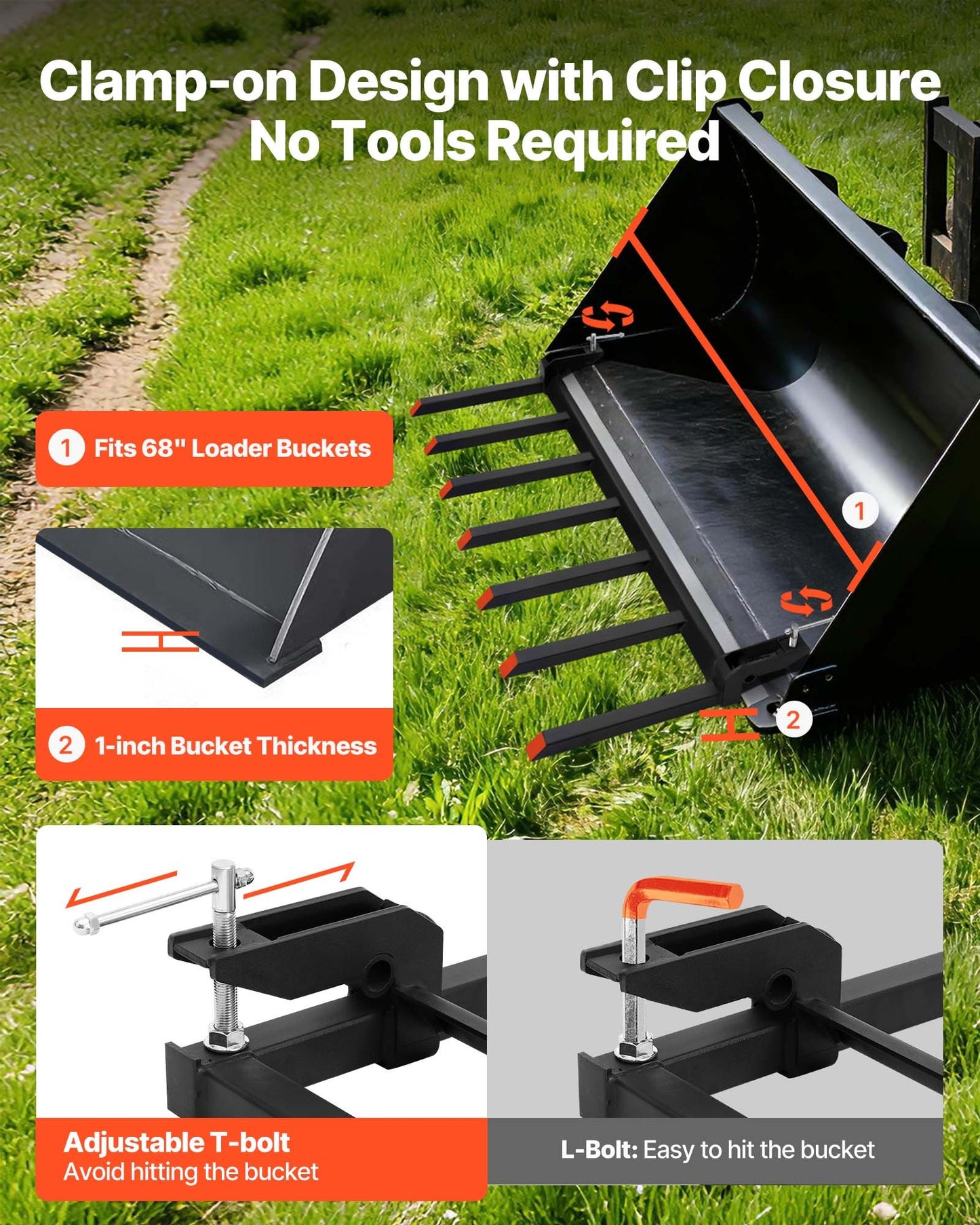 68.5" Clamp on Debris Forks for Buckets, 7 Fork Tines, 4560lbs Load Capacity, Heavy Duty Pallet Forks for Tractor Loader Skid Steer, Bolt on Bucket Attachments for Removing Yard Waste and Debris
