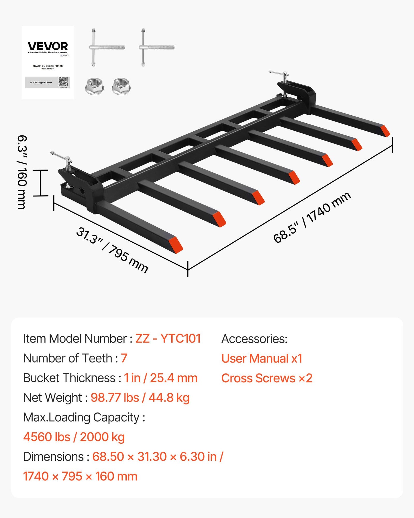 68.5" Clamp on Debris Forks for Buckets, 7 Fork Tines, 4560lbs Load Capacity, Heavy Duty Pallet Forks for Tractor Loader Skid Steer, Bolt on Bucket Attachments for Removing Yard Waste and Debris