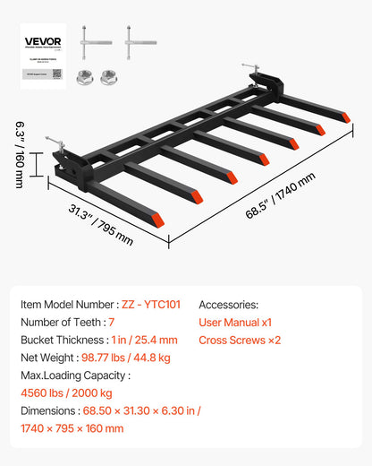 68.5" Clamp on Debris Forks for Buckets, 7 Fork Tines, 4560lbs Load Capacity, Heavy Duty Pallet Forks for Tractor Loader Skid Steer, Bolt on Bucket Attachments for Removing Yard Waste and Debris