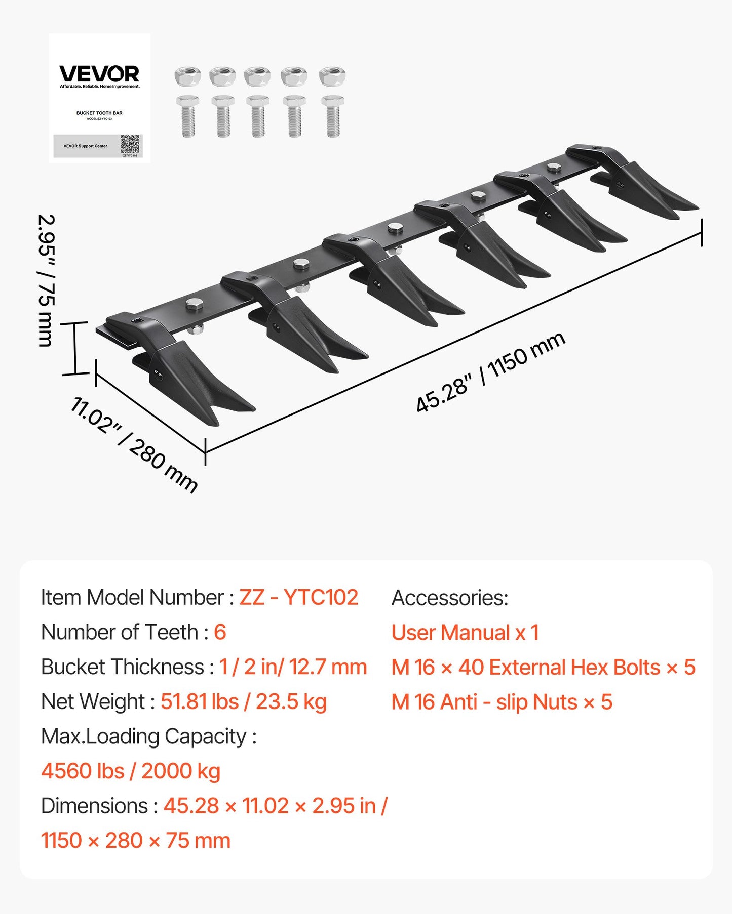 Bucket Tooth Bar,45.2 in Heavy Duty 6 Teeth Tractor Bucket Bar for Tractor Loader Skidsteer, 4560 lbs Load Capacity, Bolt On Teeth Bars for Buckets Protection Efficient & Soil Excavation
