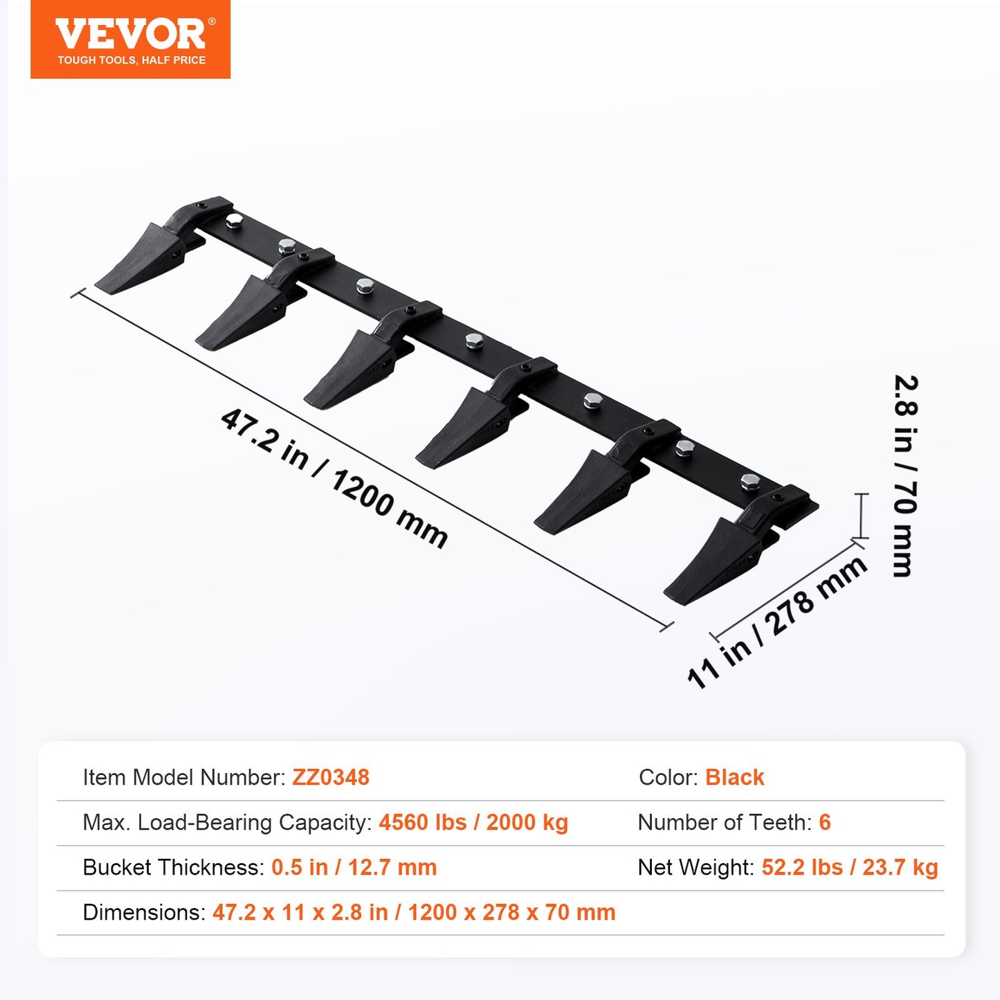 Bucket Tooth Bar, 48'', Heavy Duty Tractor Bucket 6 Teeth Bar for Loader Tractor Skidsteer, 4560 lbs Load-Bearing Capacity Bolt On Design, for Efficient Soil Excavation and Bucket Protection