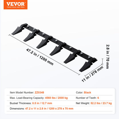 Bucket Tooth Bar, 48'', Heavy Duty Tractor Bucket 6 Teeth Bar for Loader Tractor Skidsteer, 4560 lbs Load-Bearing Capacity Bolt On Design, for Efficient Soil Excavation and Bucket Protection