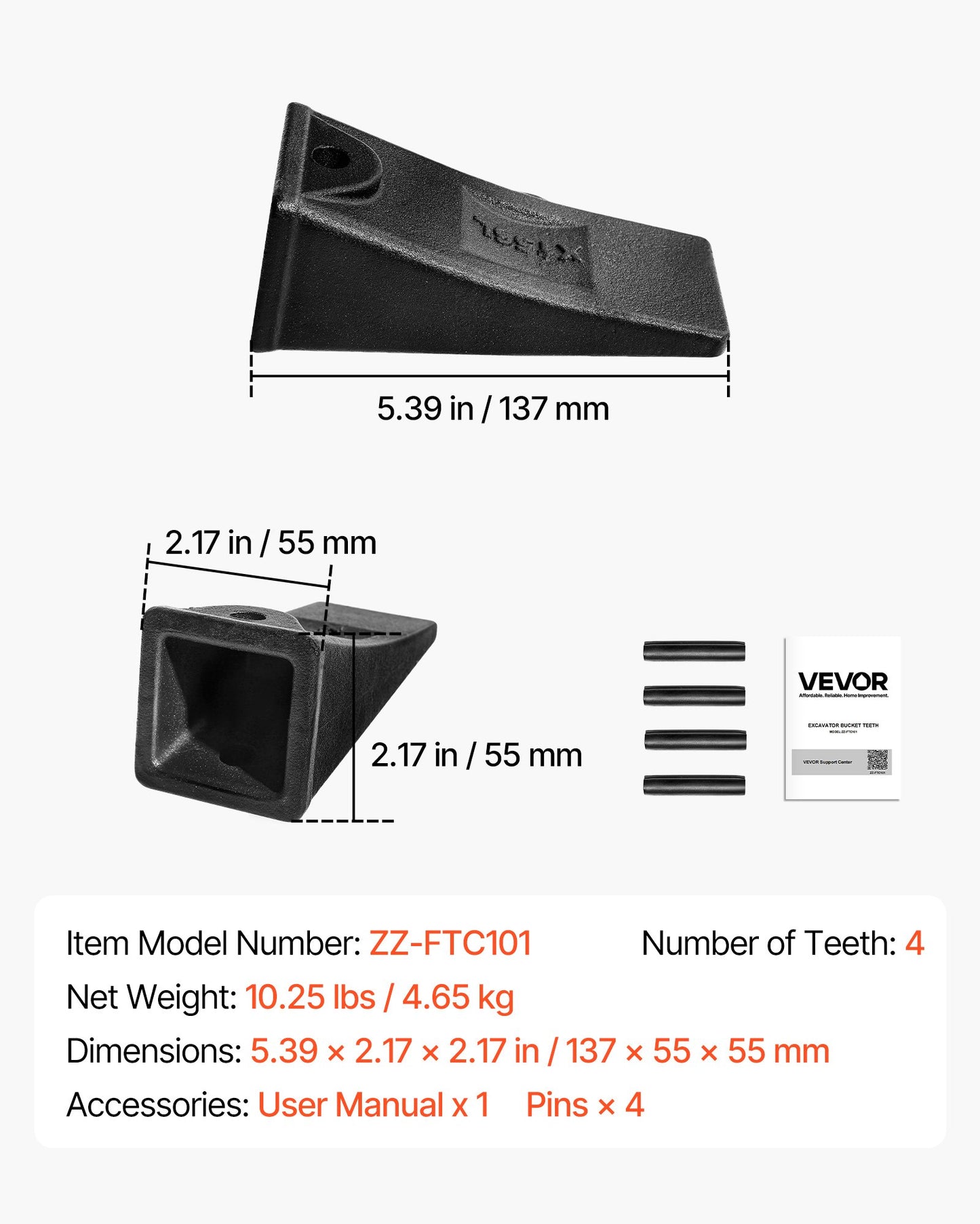 Excavator Bucket Teeth with Pins, 4 Pack X156L Bucket Tooth Set for Smooth & Efficient Excavation, Heavy Duty 5.3 in Long Digging Buckets Teeth Replacement for Skid Steer & Mini Excavator