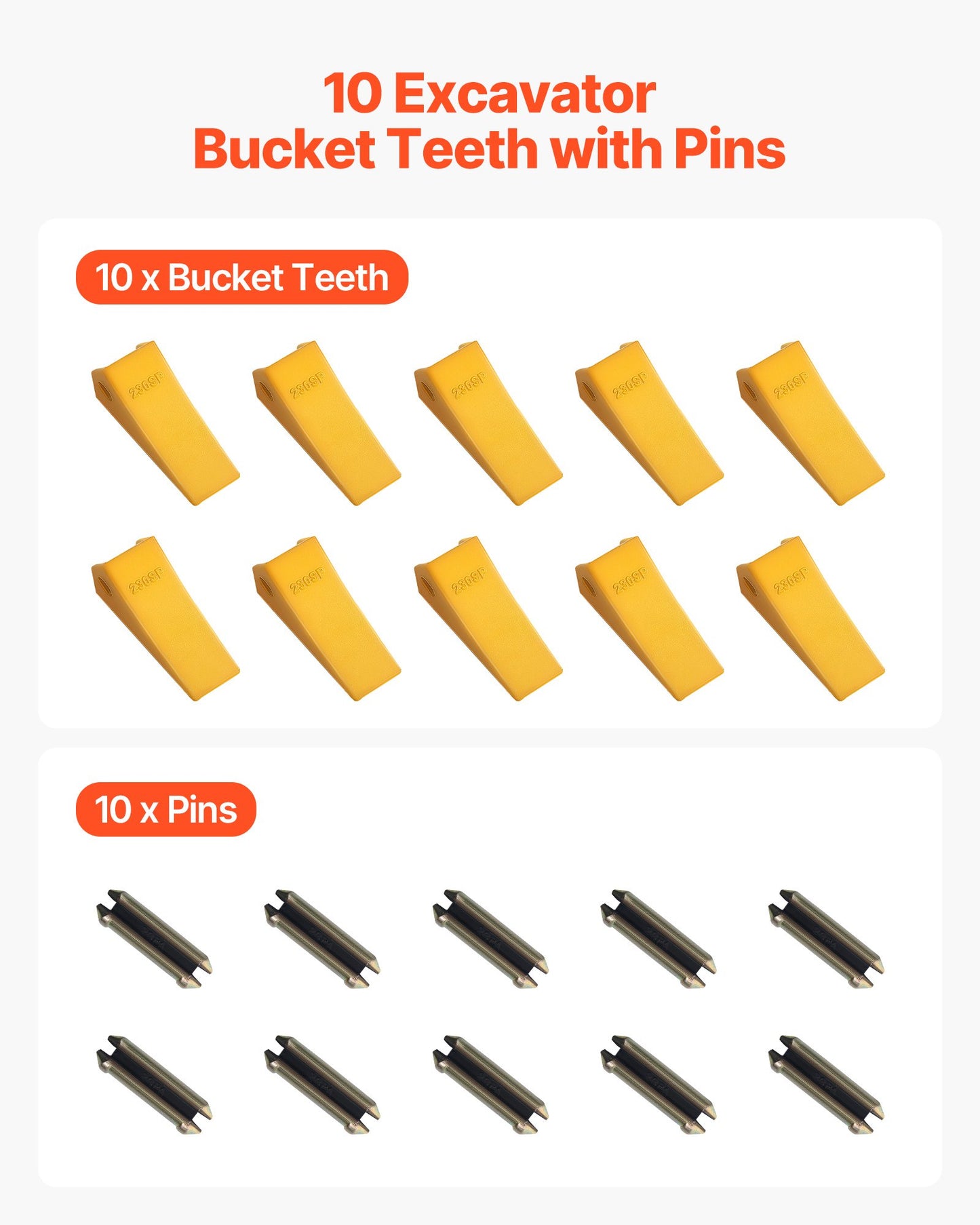 Excavator Bucket Teeth with Pins, 10 Pack 5.79 in Bucket Tooth Set Compatible with 23 & 230 Series Excavators, Heavy Duty Bolt on Digging Buckets Teeth for Skid Steer & Mini Excavators