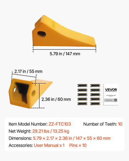 Excavator Bucket Teeth with Pins, 10 Pack 5.79 in Bucket Tooth Set Compatible with 23 & 230 Series Excavators, Heavy Duty Bolt on Digging Buckets Teeth for Skid Steer & Mini Excavators