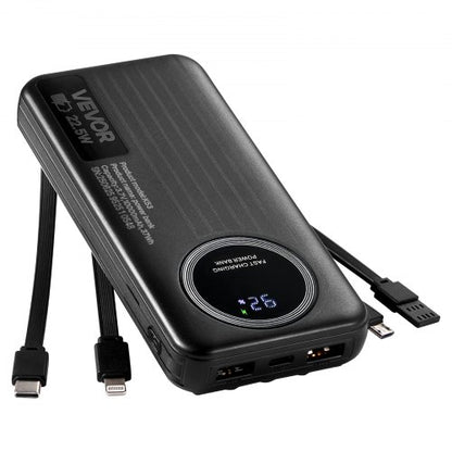 Portable Charger, with Built-in Cables, 10000 mAh Travel Battery Pack, 6 Outputs 3 Inputs Fast Charging Power Bank with USB Type-C Micro-B Input, Smart LED Display, for iPhone, Samsung, Android