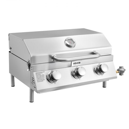 Tabletop Gas Grill, 3-Burner Stainless Steel Portable Propane Grill, with Built-in Thermometer, Travel Locks, Weatherproof Lid, 22,500 BTU Total, for Outdoor Cooking, Patio, Party, Camping, RV