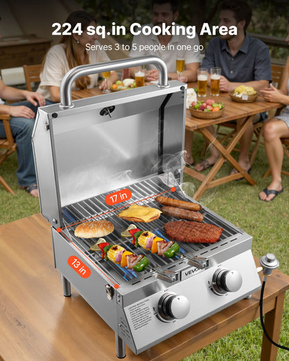 Tabletop Gas Grill, 2-Burner Stainless Steel Portable Propane Grill, with Built-in Thermometer, Travel Locks, Weatherproof Lid, 15,000 BTU Total, for Outdoor Cooking, Patio, Party, Camping, RV