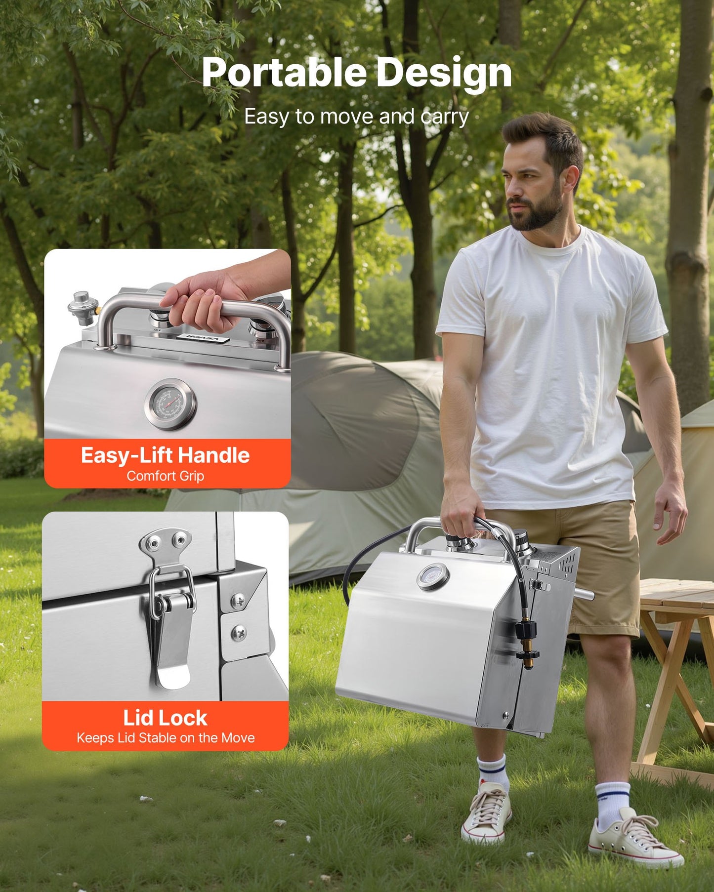 Tabletop Gas Grill, 2-Burner Stainless Steel Portable Propane Grill, with Built-in Thermometer, Travel Locks, Weatherproof Lid, 15,000 BTU Total, for Outdoor Cooking, Patio, Party, Camping, RV