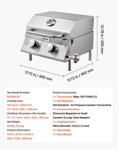Tabletop Gas Grill, 2-Burner Stainless Steel Portable Propane Grill, with Built-in Thermometer, Travel Locks, Weatherproof Lid, 15,000 BTU Total, for Outdoor Cooking, Patio, Party, Camping, RV