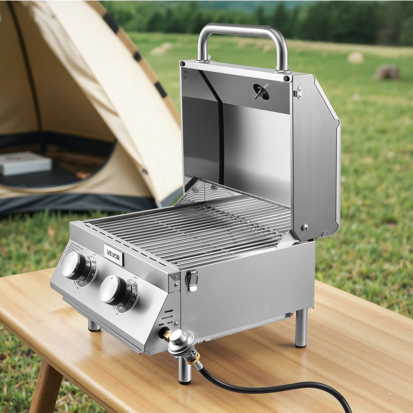 Tabletop Gas Grill, 2-Burner Stainless Steel Portable Propane Grill, with Built-in Thermometer, Travel Locks, Weatherproof Lid, 15,000 BTU Total, for Outdoor Cooking, Patio, Party, Camping, RV