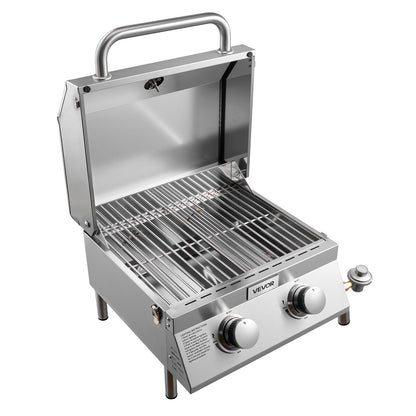 Tabletop Gas Grill, 2-Burner Stainless Steel Portable Propane Grill, with Built-in Thermometer, Travel Locks, Weatherproof Lid, 15,000 BTU Total, for Outdoor Cooking, Patio, Party, Camping, RV