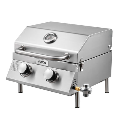 Tabletop Gas Grill, 2-Burner Stainless Steel Portable Propane Grill, with Built-in Thermometer, Travel Locks, Weatherproof Lid, 15,000 BTU Total, for Outdoor Cooking, Patio, Party, Camping, RV