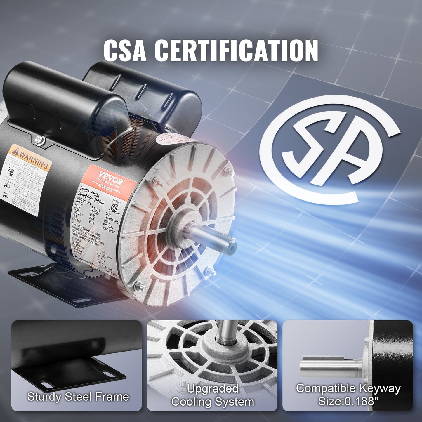 3.7HP Air Compressor Motor, 3450RPM Electric Motor, 230V 17.2 Amps, 5/8" Keyed Shaft 56 Frame, 1.88" Shaft Length, Single Phase, CCW/CW Rotation (Factory Setting is CCW)