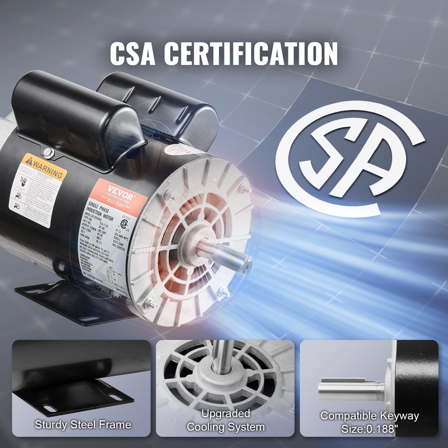 5HP SPL Air Compressor Electric Motor, 230V 17.6Amps, 56 Frame 3450RPM, 5/8" Keyed Shaft, 1.88" Shaft Length, CW/CCW Rotation (Factory Setting is CCW), Single Phase