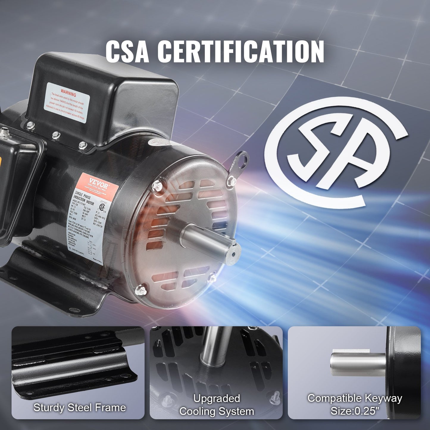 7.5HP Air Compressor Motor, 230V 31.6 Amps Electric Motor, 3450RPM 184T Frame, 1-1/8" Keyed Shaft, 2.75" Shaft Length for Air Compressors, Single Phase, CCW/CCW (Factory Setting is CCW)