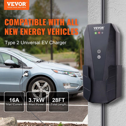 Portable EV Charger Type 2, 16A 3.7kW, Electric Car Charger with 28ft Charging Cable CEE 7/7 Plug, IEC 62196 Home EV Charging Station with Storage Bag Charging Cable Hook, IP66