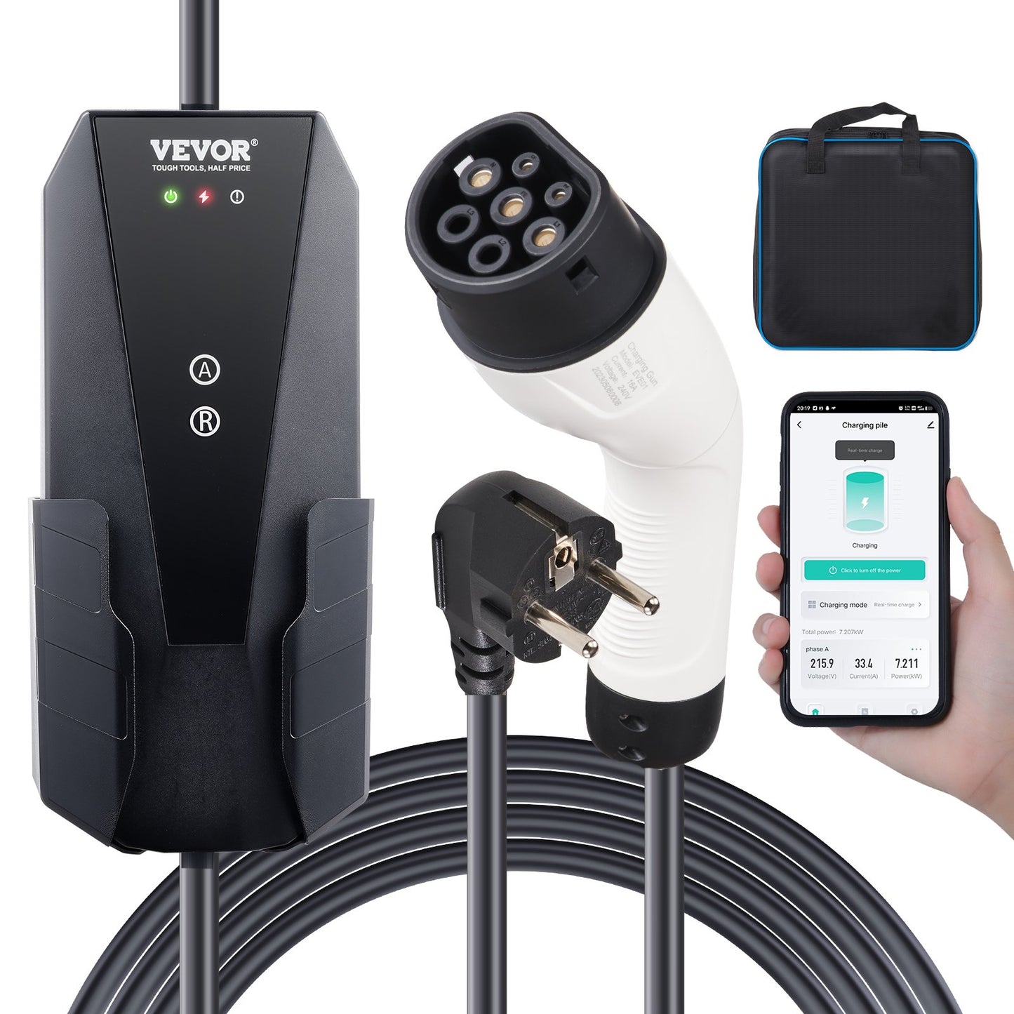 Portable EV Charger Type 2, 16A 3.7kW, Electric Car Charger with 28ft Charging Cable CEE 7/7 Plug, IEC 62196 Home EV Charging Station with Storage Bag Charging Cable Hook, IP66
