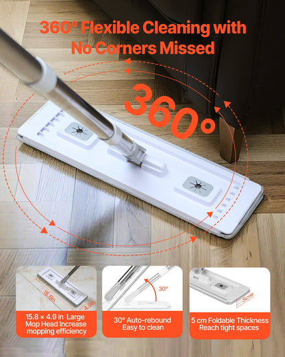 Mop and Bucket with Wringer Set, Wet & Dry Use, Flat Mop and Bucket System with 3 Washable Microfiber Pads, Flat Mop with Stainless Steel Handle, Mop Bucket Set for Hardwood Tile Vinyl