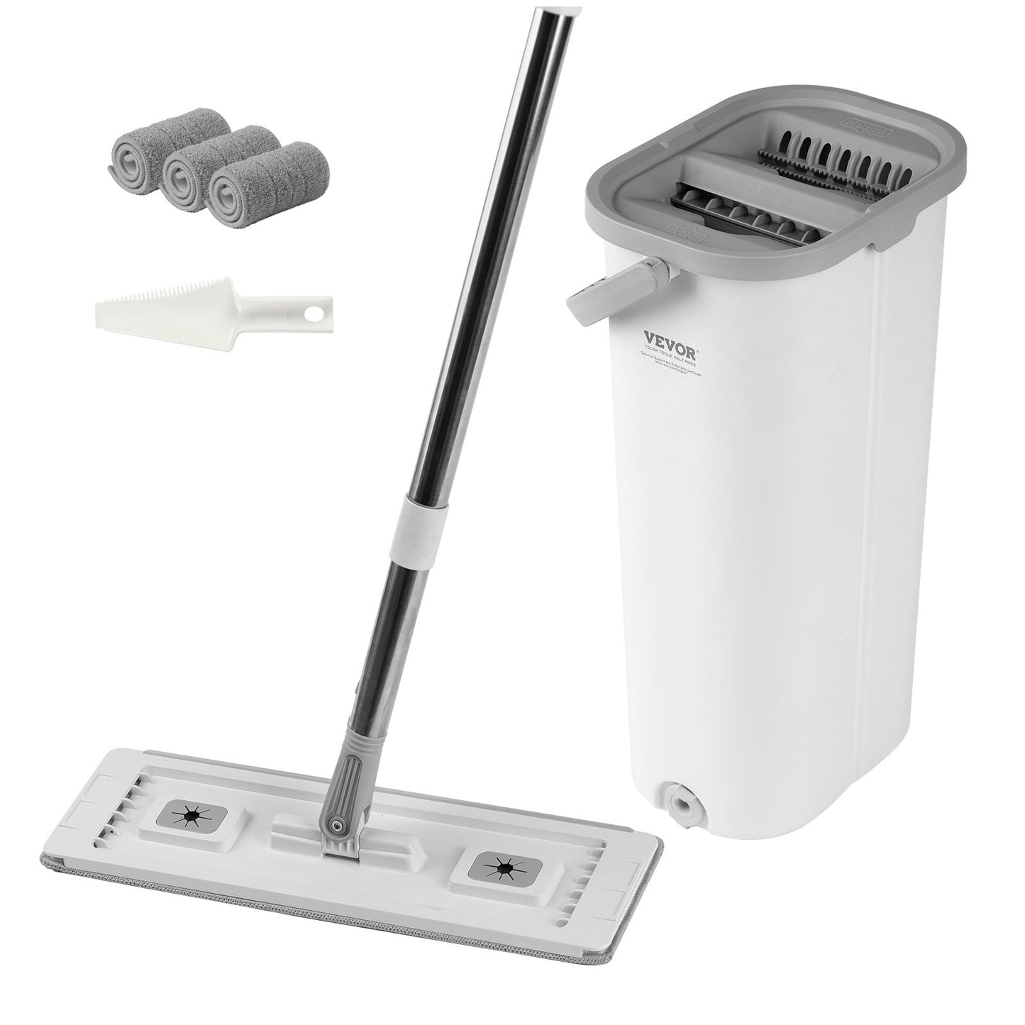 Mop and Bucket with Wringer Set, Wet & Dry Use, Flat Mop and Bucket System with 3 Washable Microfiber Pads, Flat Mop with Stainless Steel Handle, Mop Bucket Set for Hardwood Tile Vinyl